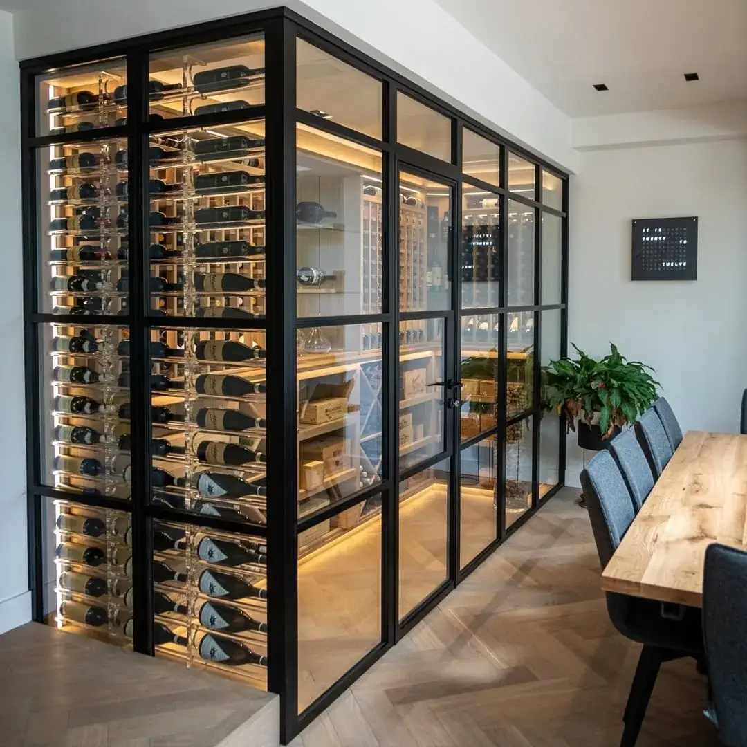 Stainless Steel and Solid Wood Wine Cellar with Glass Enclosure