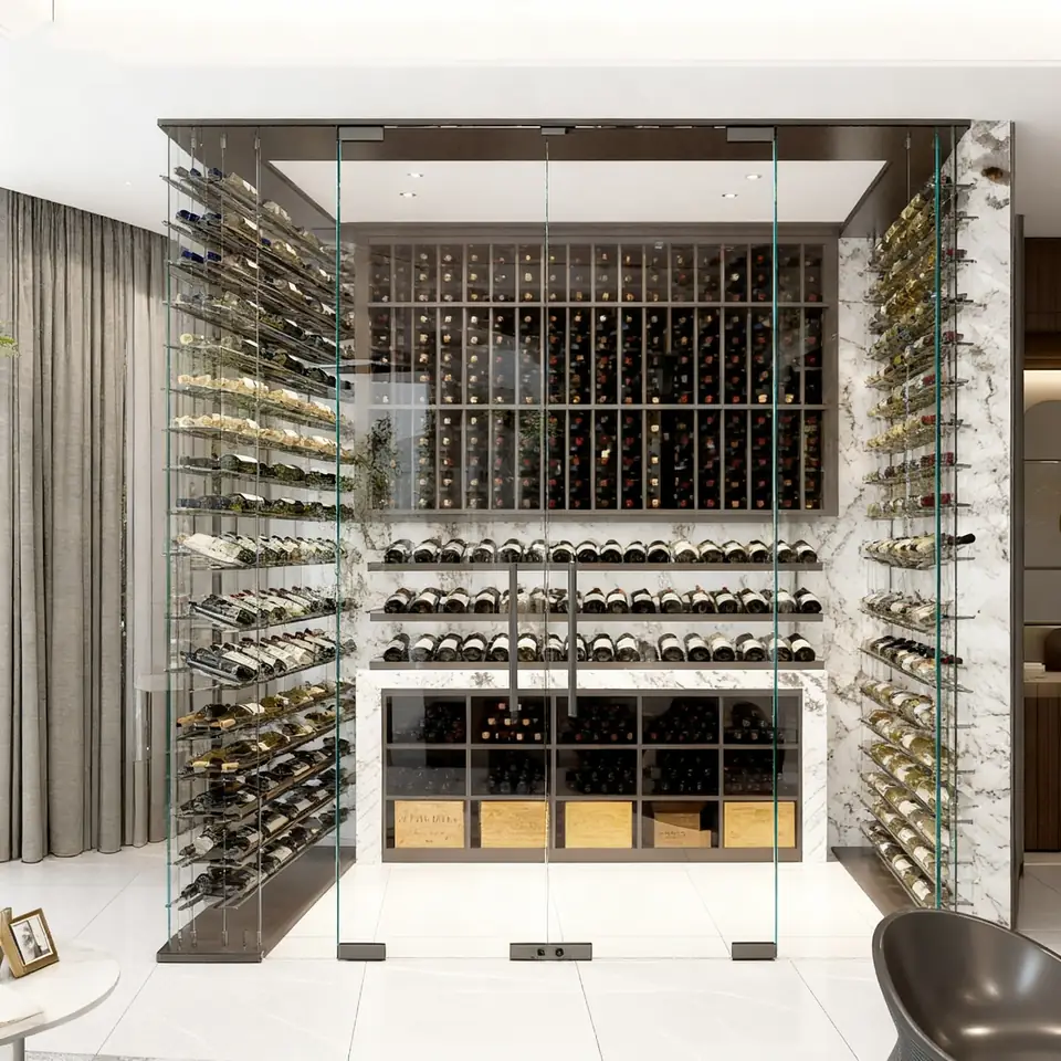 Custom Transparent Glass Wine Display Cabinet and Stainless Steel Rack detail