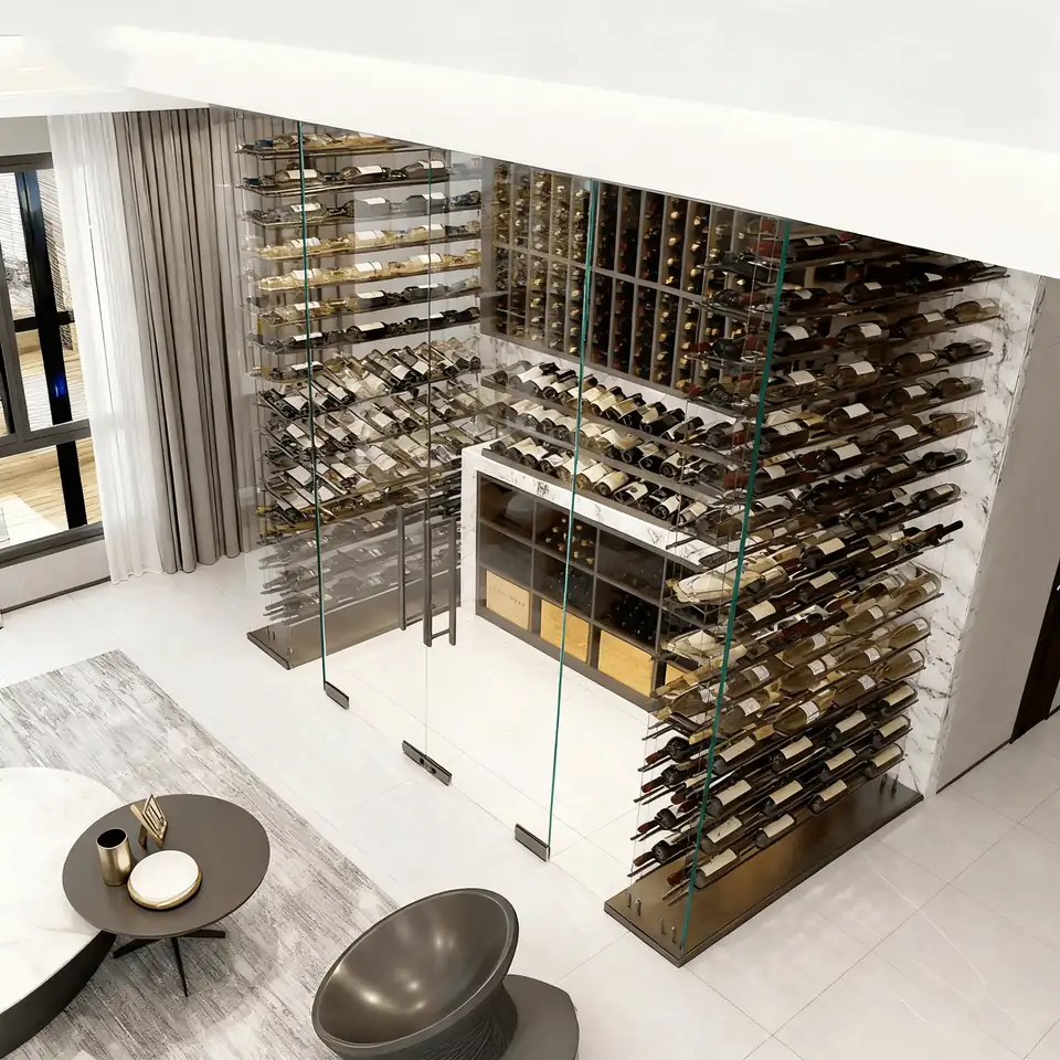 Custom Transparent Glass Wine Display Cabinet and Stainless Steel Rack project reference