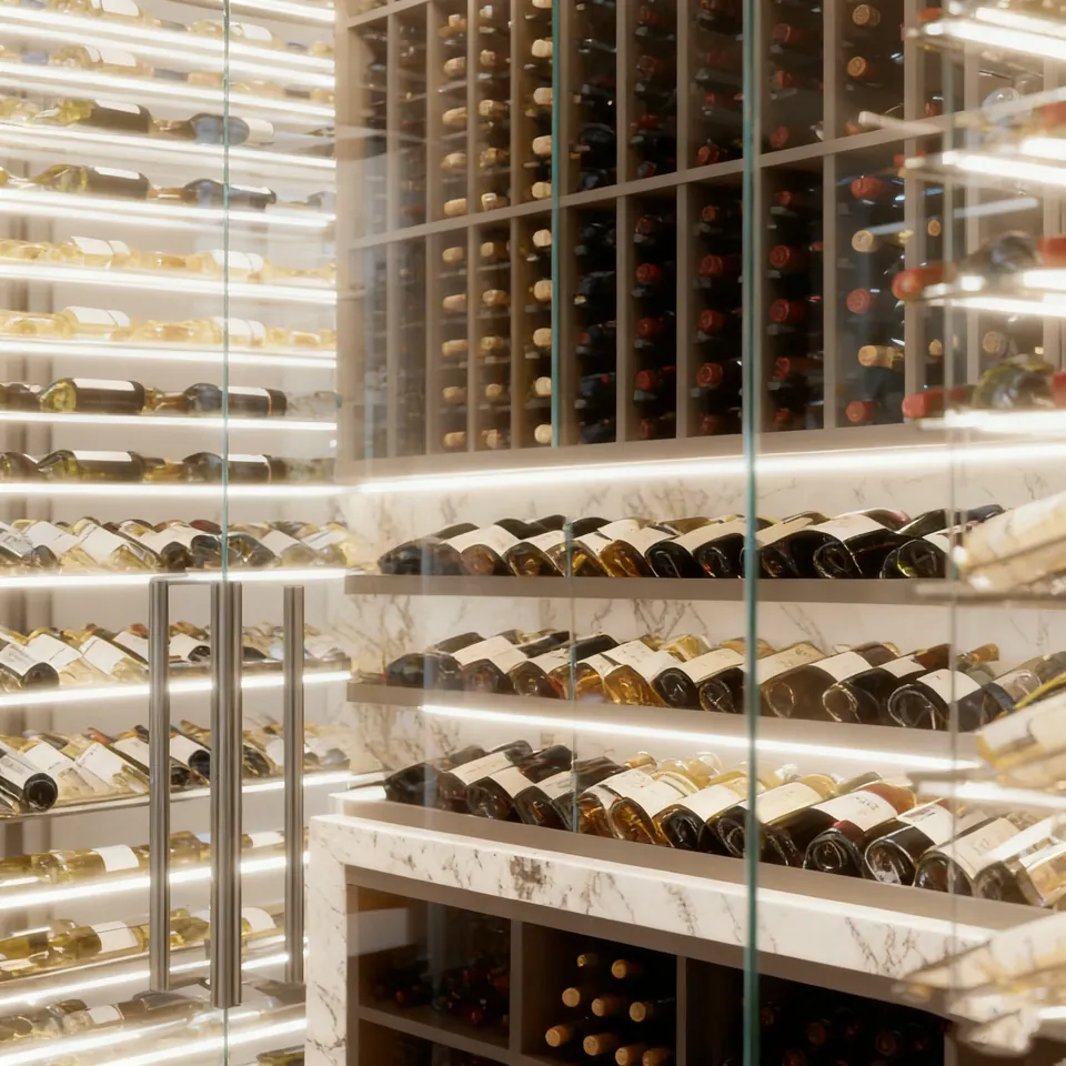 Custom Transparent Glass Wine Display Cabinet and Stainless Steel Rack 4
