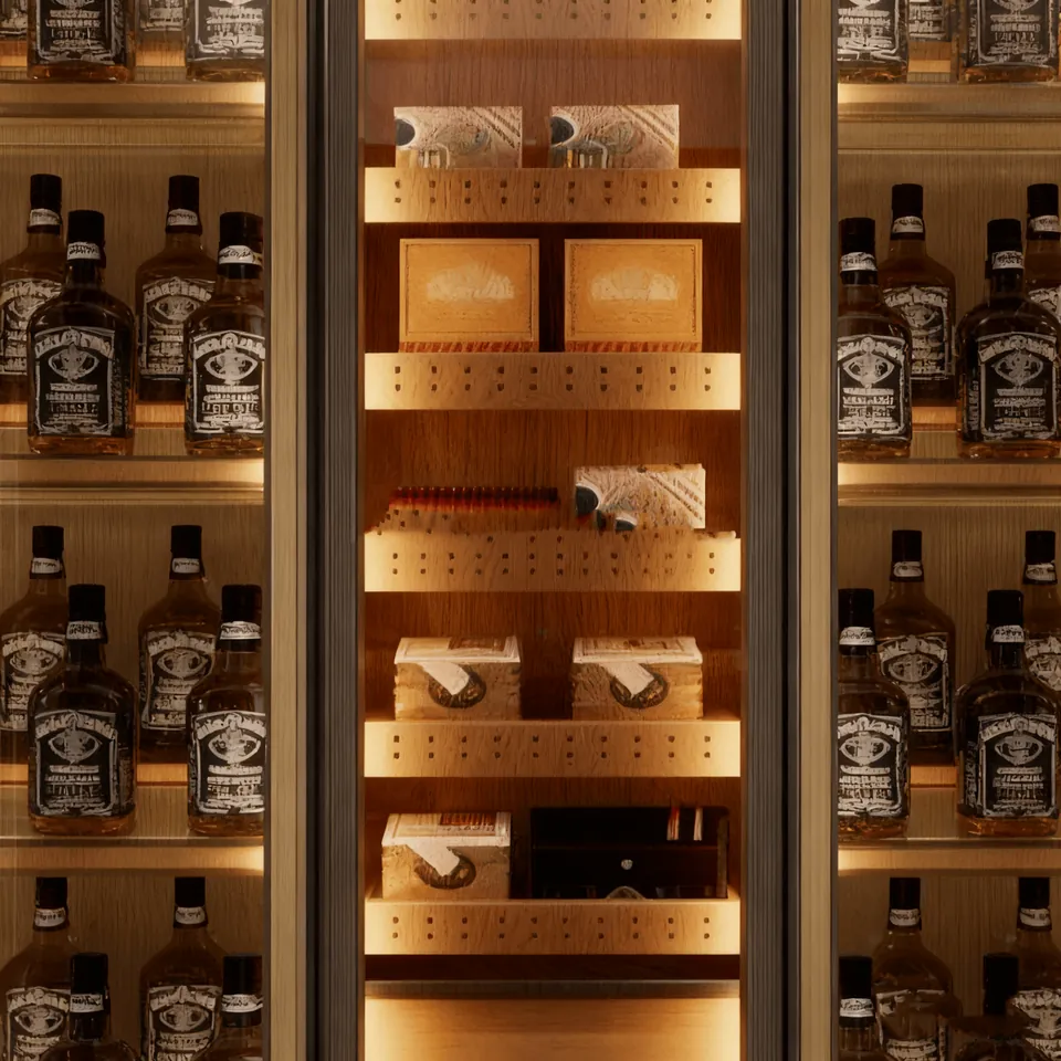 Gold-Trimmed 1000L Stainless Steel Dual-Zone Wine Cabinet project reference