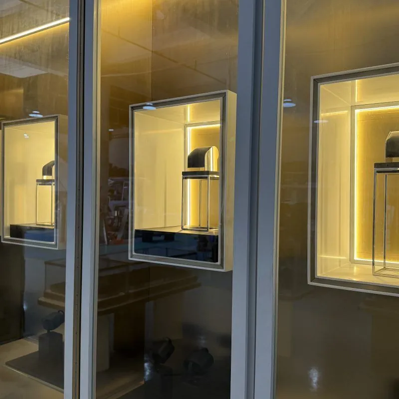 Luxury Italian Glass Display Cabinet, Solid Beech Wood Stainless Steel