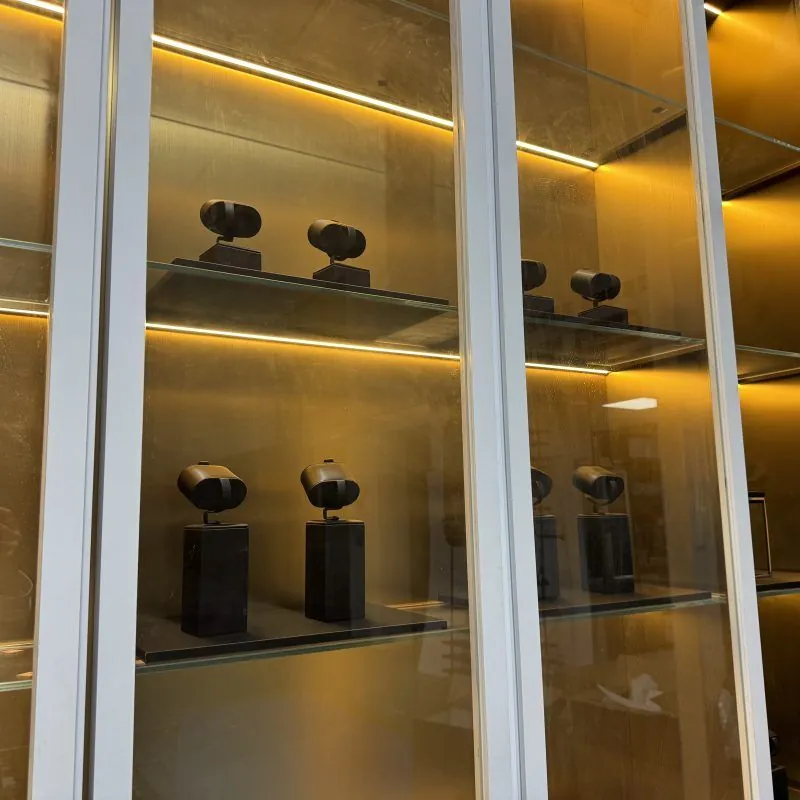 Luxury Italian Glass Display Cabinet, Solid Beech Wood Stainless Steel 5