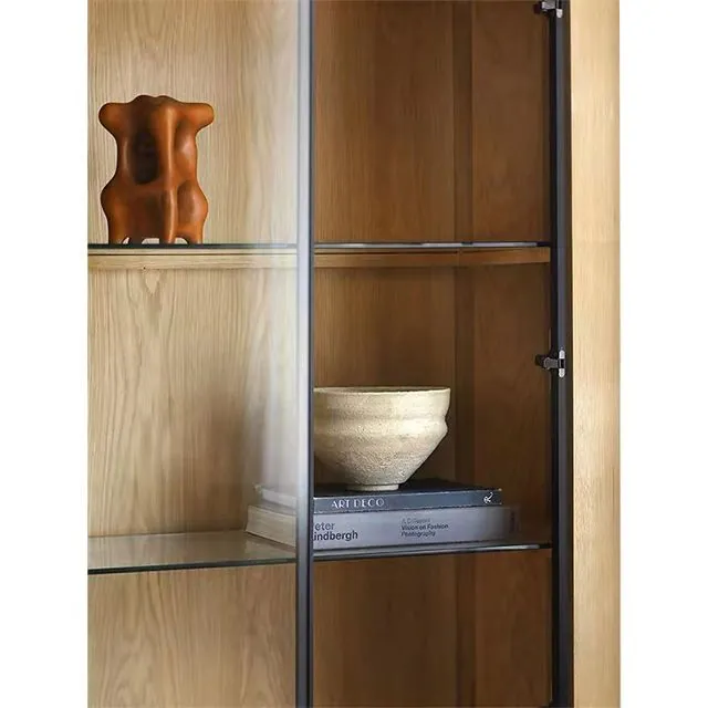 Modern Oak Farmhouse Wine Storage Cabinet with Glass Display Rack