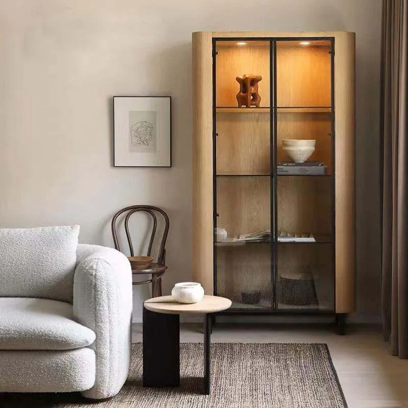 Modern Oak Farmhouse Wine Storage Cabinet with Glass Display Rack