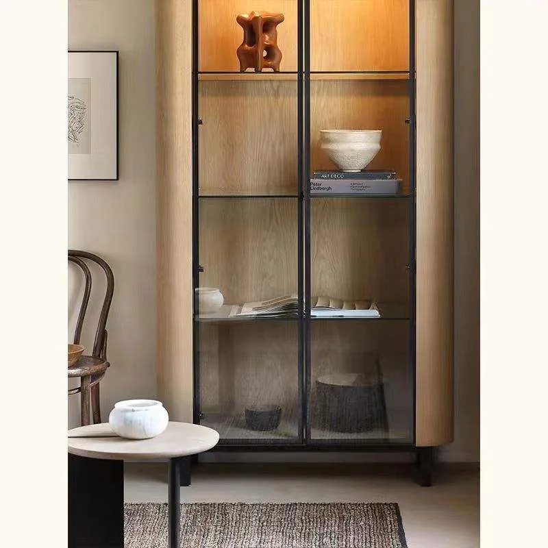 Modern Oak Farmhouse Wine Storage Cabinet with Glass Display Rack 3