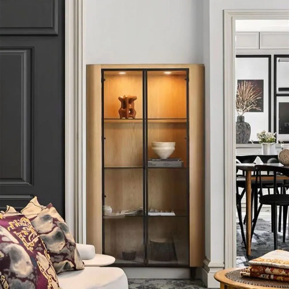 Modern Oak Farmhouse Wine Storage Cabinet with Glass Display Rack 4