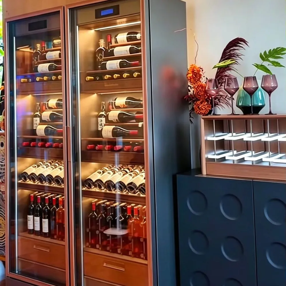 RM-009 dual-zone stainless steel wine cabinet with glass doors