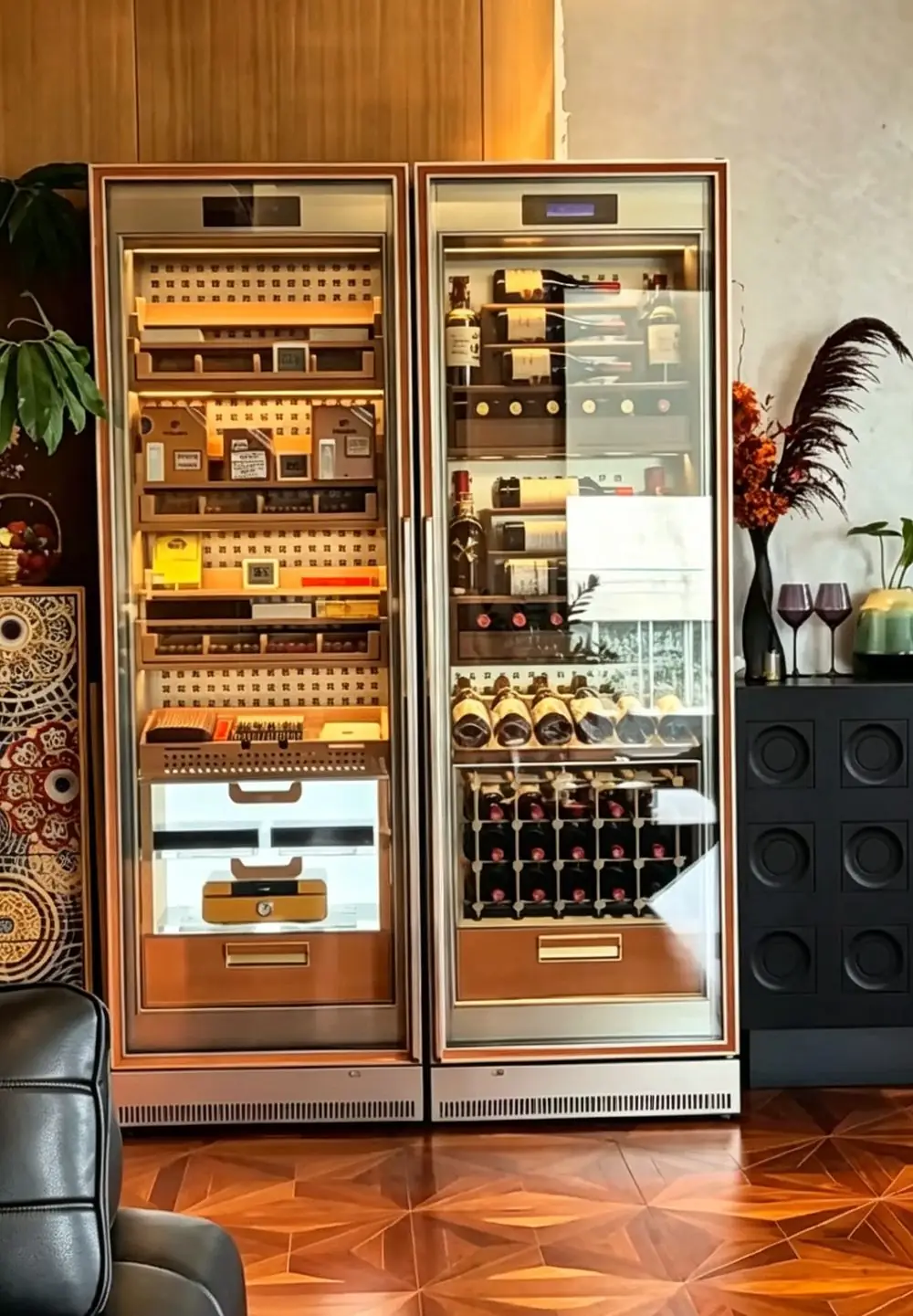 RM-009 glass-front wine cabinet shelves and drawers