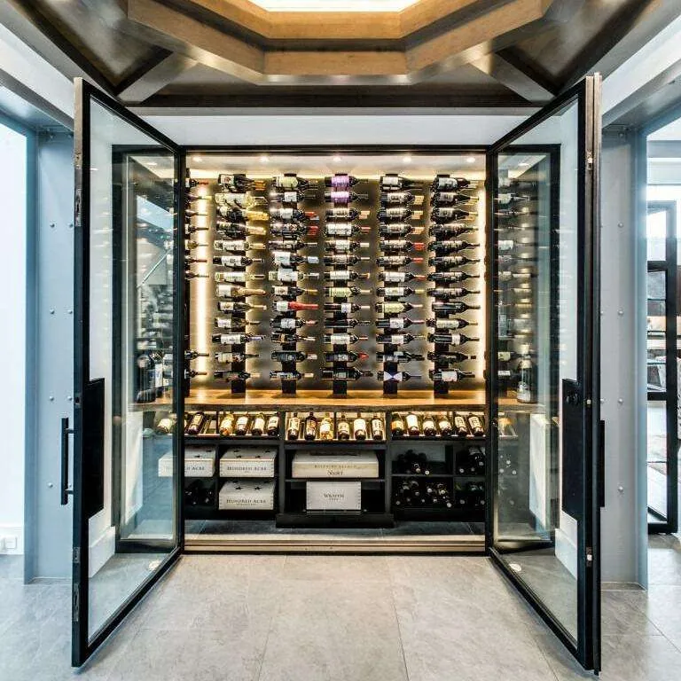 RM-004 dark metal-framed glass doors, illuminated bottle walls and a room corner installation
