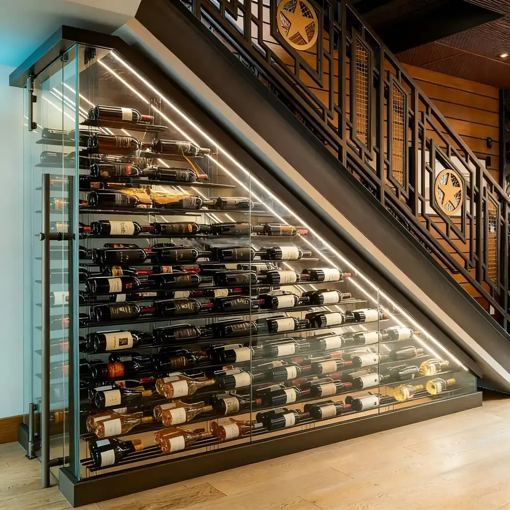 Custom Under-Stair Glass Wine Display & Cellar Enclosure (RM-050)