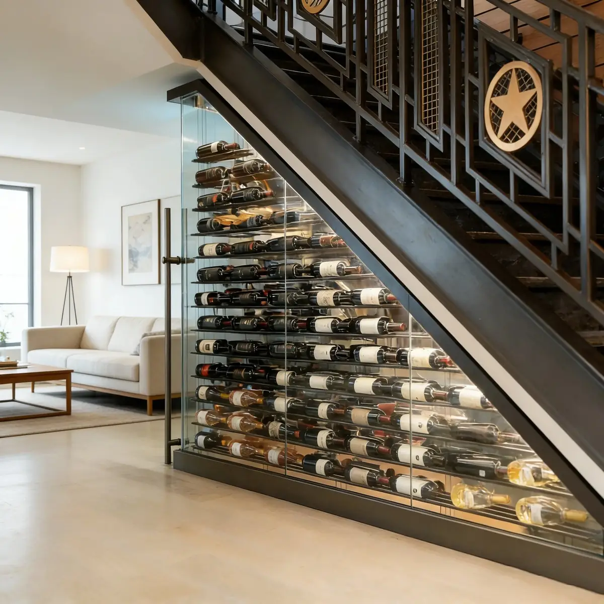 Staircase Glass Wine Cellar 1000L, Walk-In Dual-Zone Display Case 3