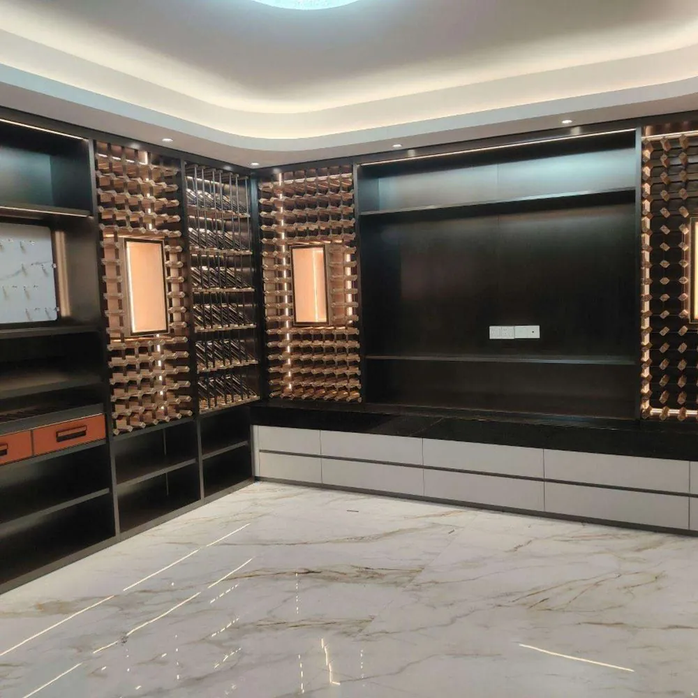 RM-006 The product record identifies a 120-bottle hybrid stainless steel and solid wood wine cellar. The gallery shows a dark built-in wall with patterned bottle supports, display niches and three lower drawers.