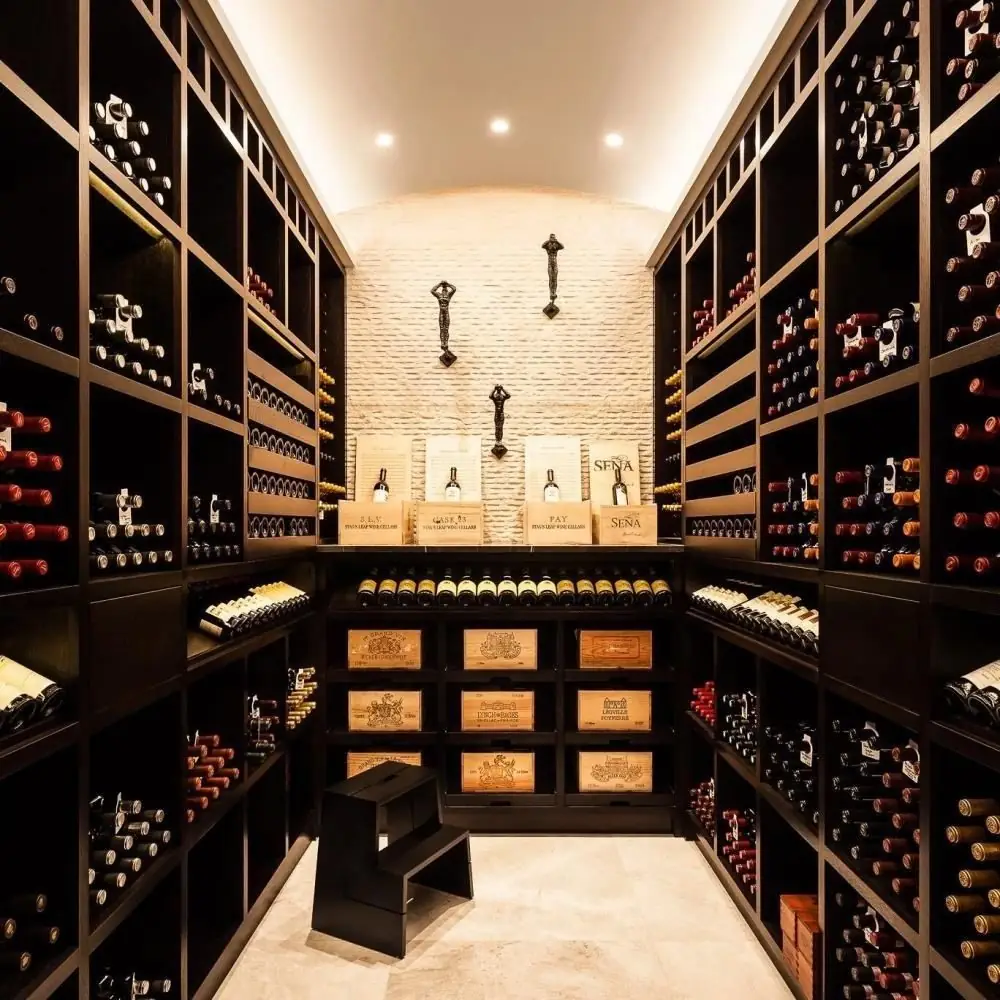 RM-007 dark cabinet bays, open bottle cubbies, display shelves and lower crate storage are visible in the gallery