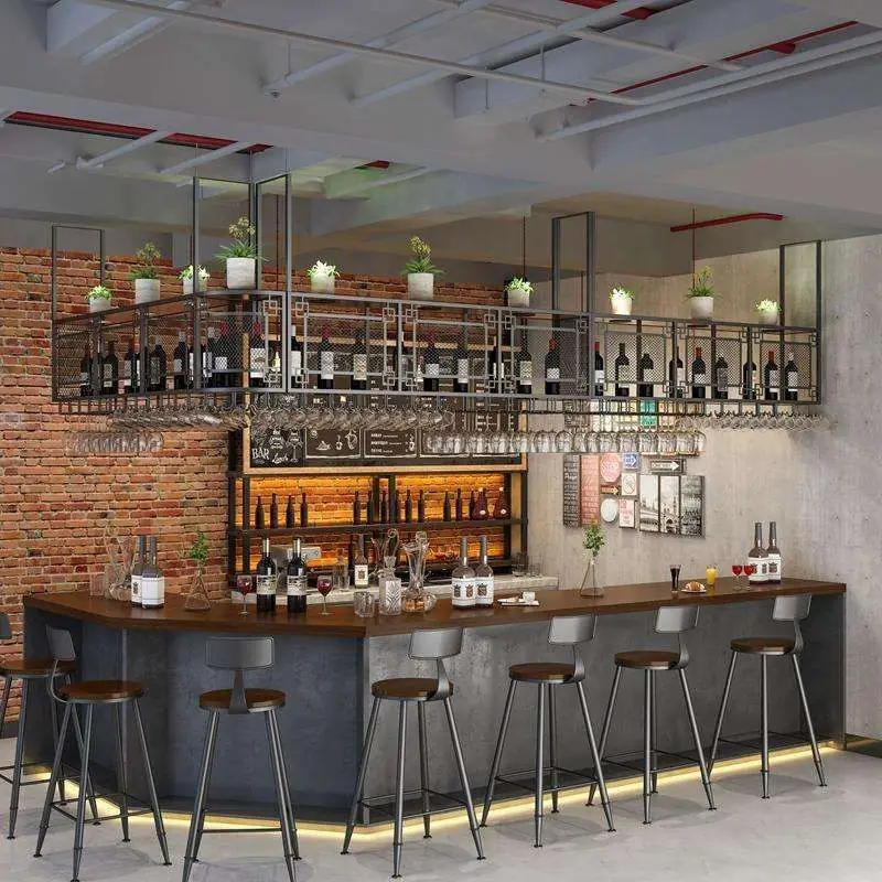 Stainless Steel Wine Rack Hanging, Solid Wood Design for Home Bar