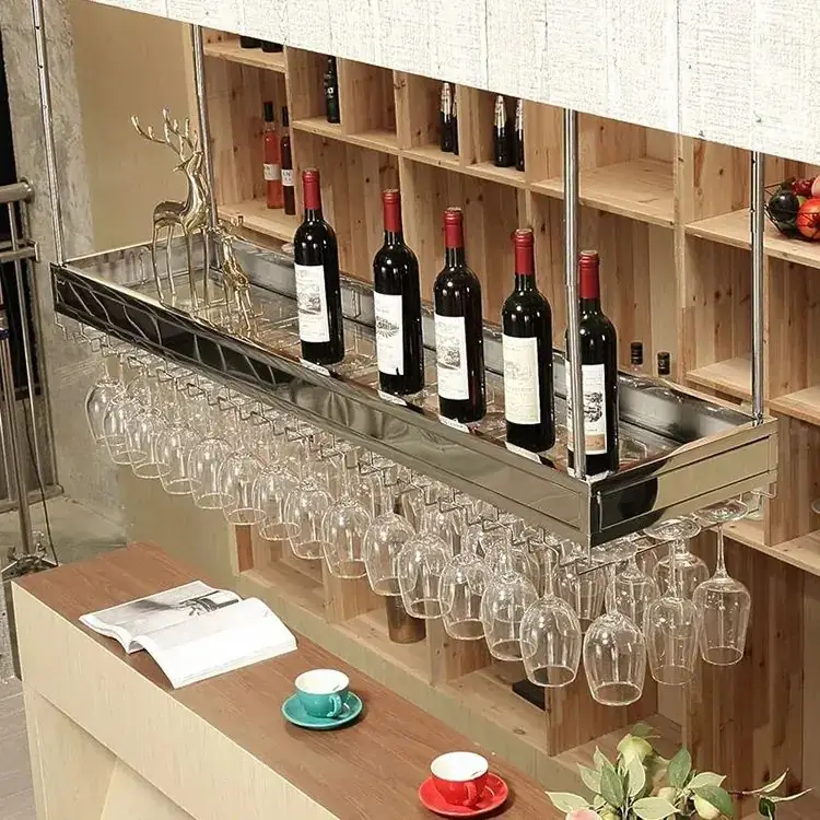 Stainless Steel Wine Rack Hanging, Solid Wood Design for Home Bar 3