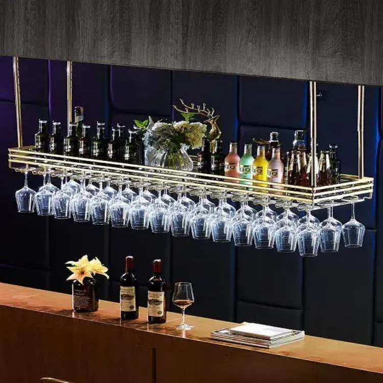 Stainless Steel Wine Rack Hanging, Solid Wood Design for Home Bar 4