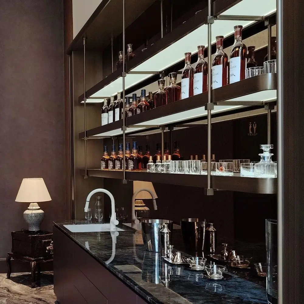 Stainless Steel Wine Rack Ceiling Hanging, Solid Wood Restaurant Bar project detail