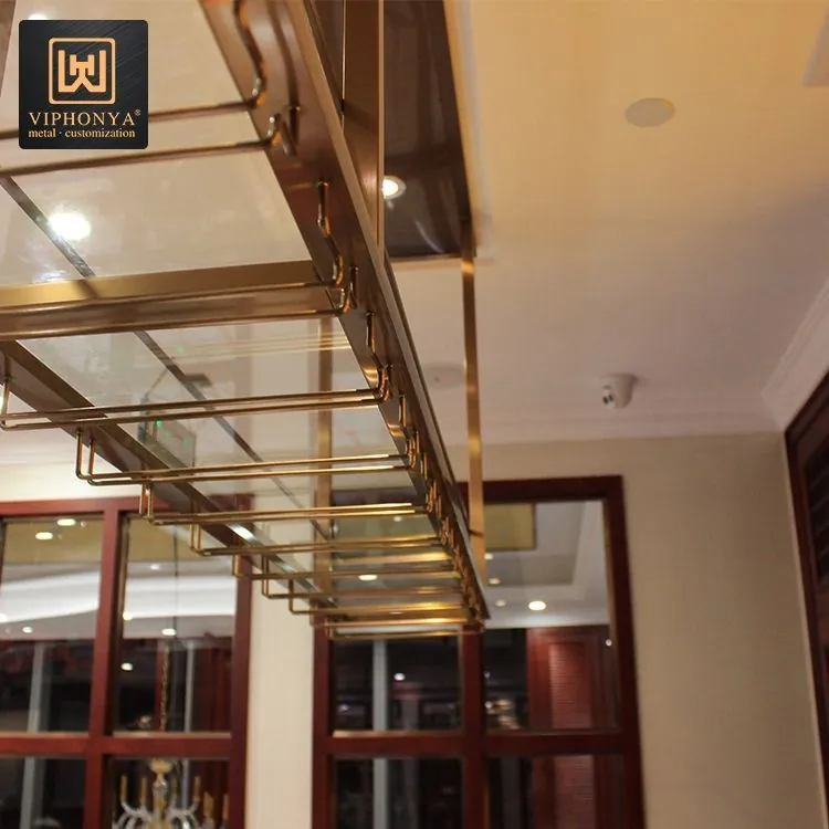 Stainless Steel Wine Rack Gold Bottle Display, Hanging Cup Custom 3
