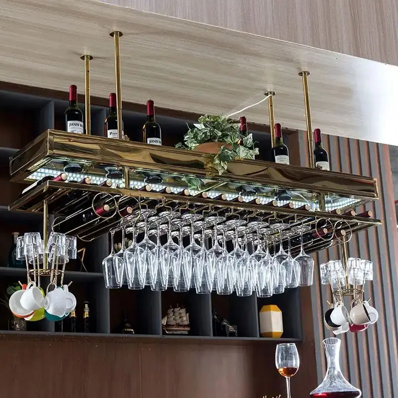 Ceiling Metal Wine Rack Stainless Steel, Gold Black Gray Glass Storage