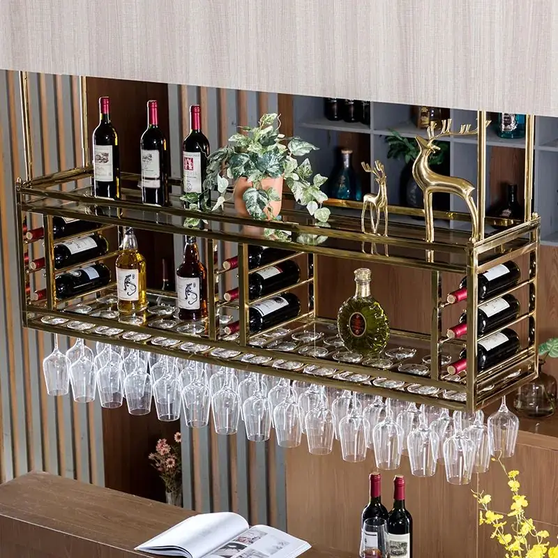 Ceiling Metal Wine Rack Stainless Steel, Gold Black Gray Glass Storage 3