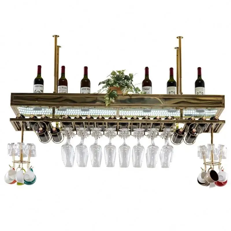 Ceiling Metal Wine Rack Stainless Steel, Gold Black Gray Glass Storage 4